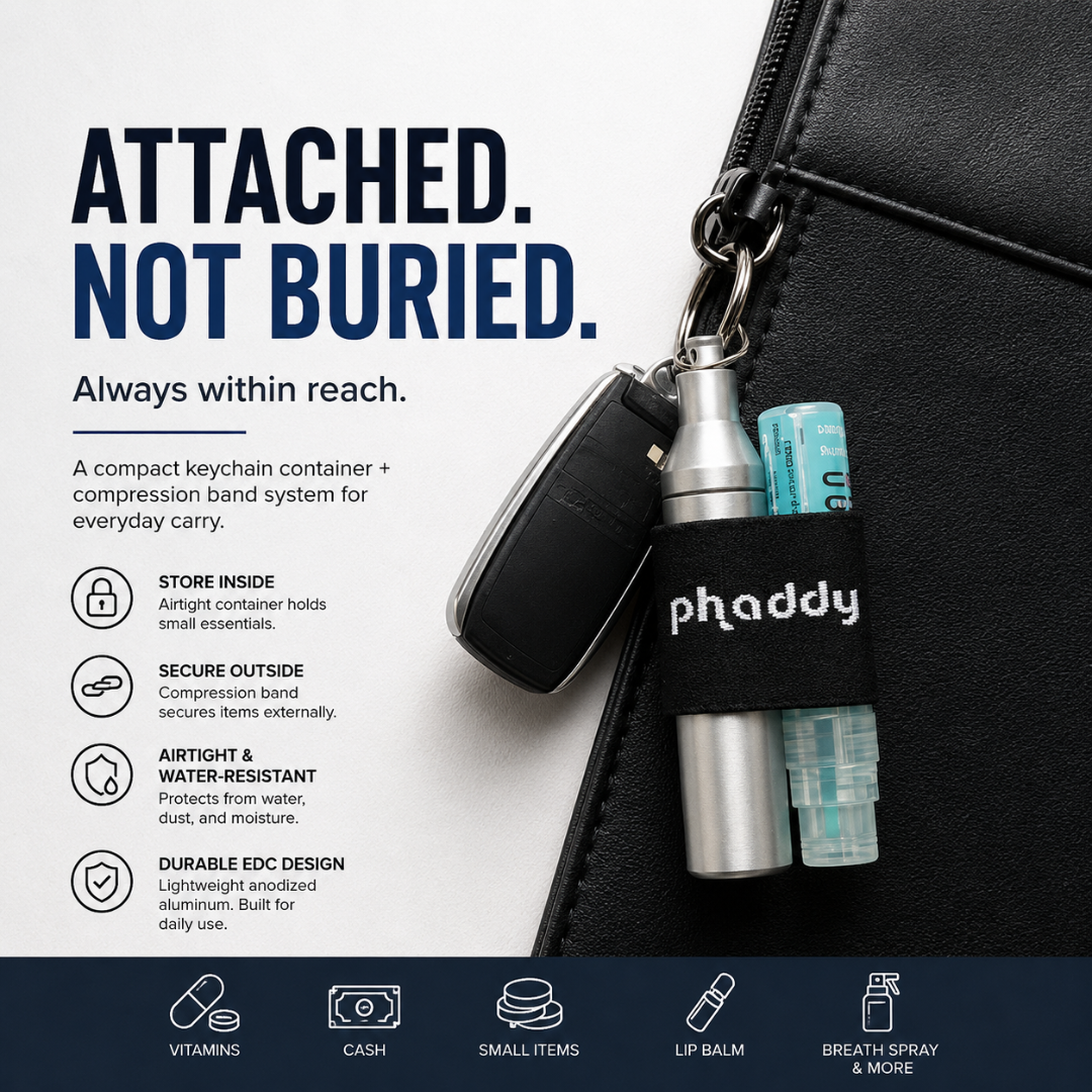 phaddy™ Keychain Container + Compression Band — Store Inside, Secure Outside